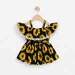 Sunflower Print Off-Shoulder Frock with Lace Trim