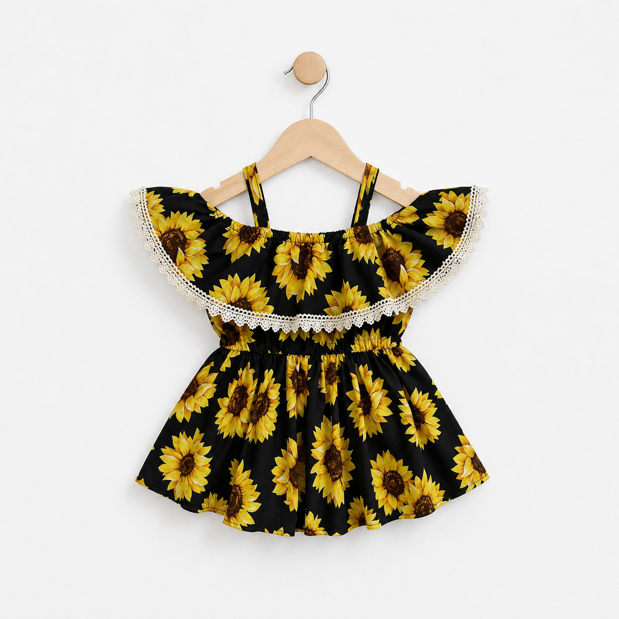 Sunflower Print Off-Shoulder Frock with Lace Trim - Image 1