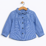 Girls Blue Gingham Check Shirt with "Lucky Smile" Embroidered Collar