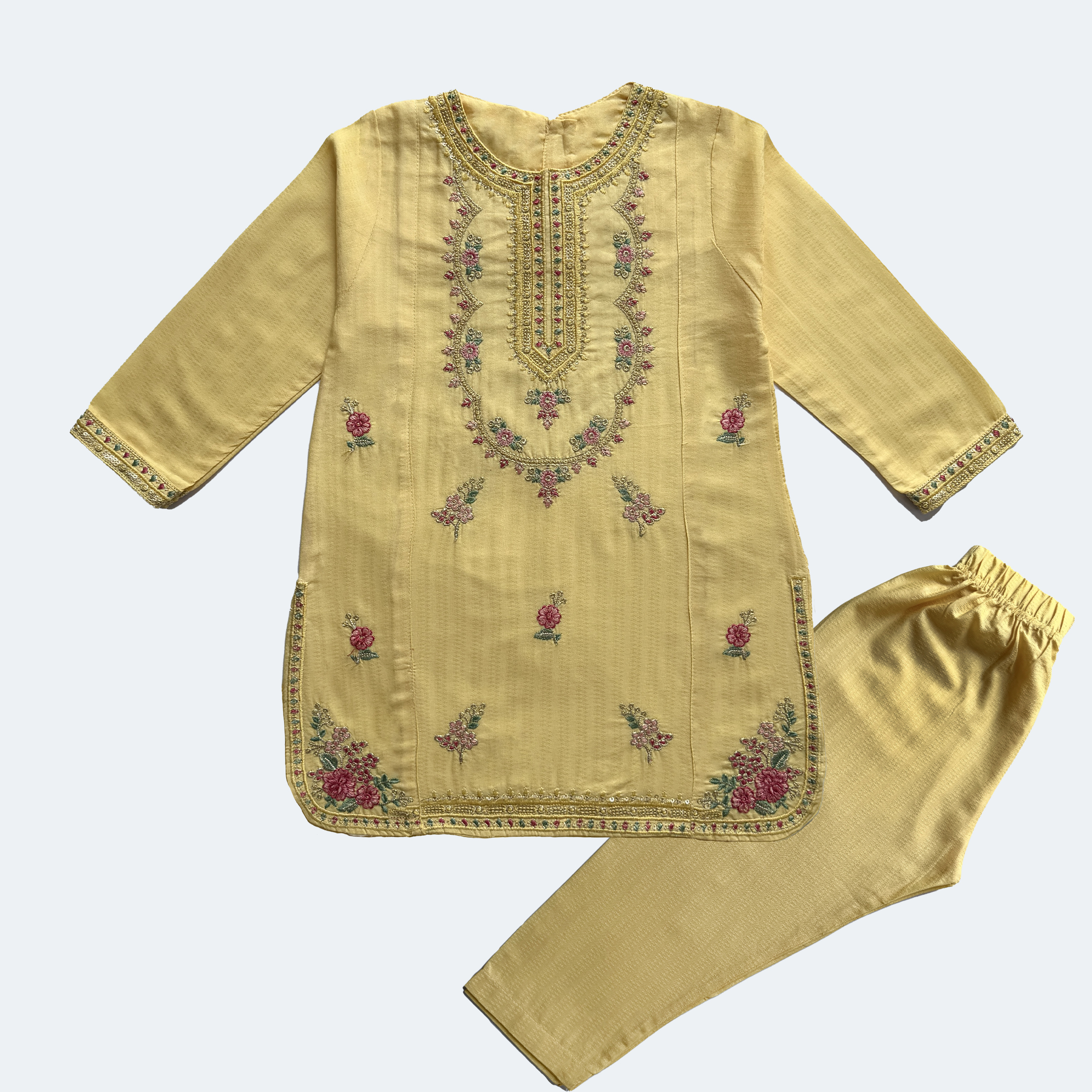 Girls Yellow Embroidered 2-Piece Traditional Outfit - Image 1