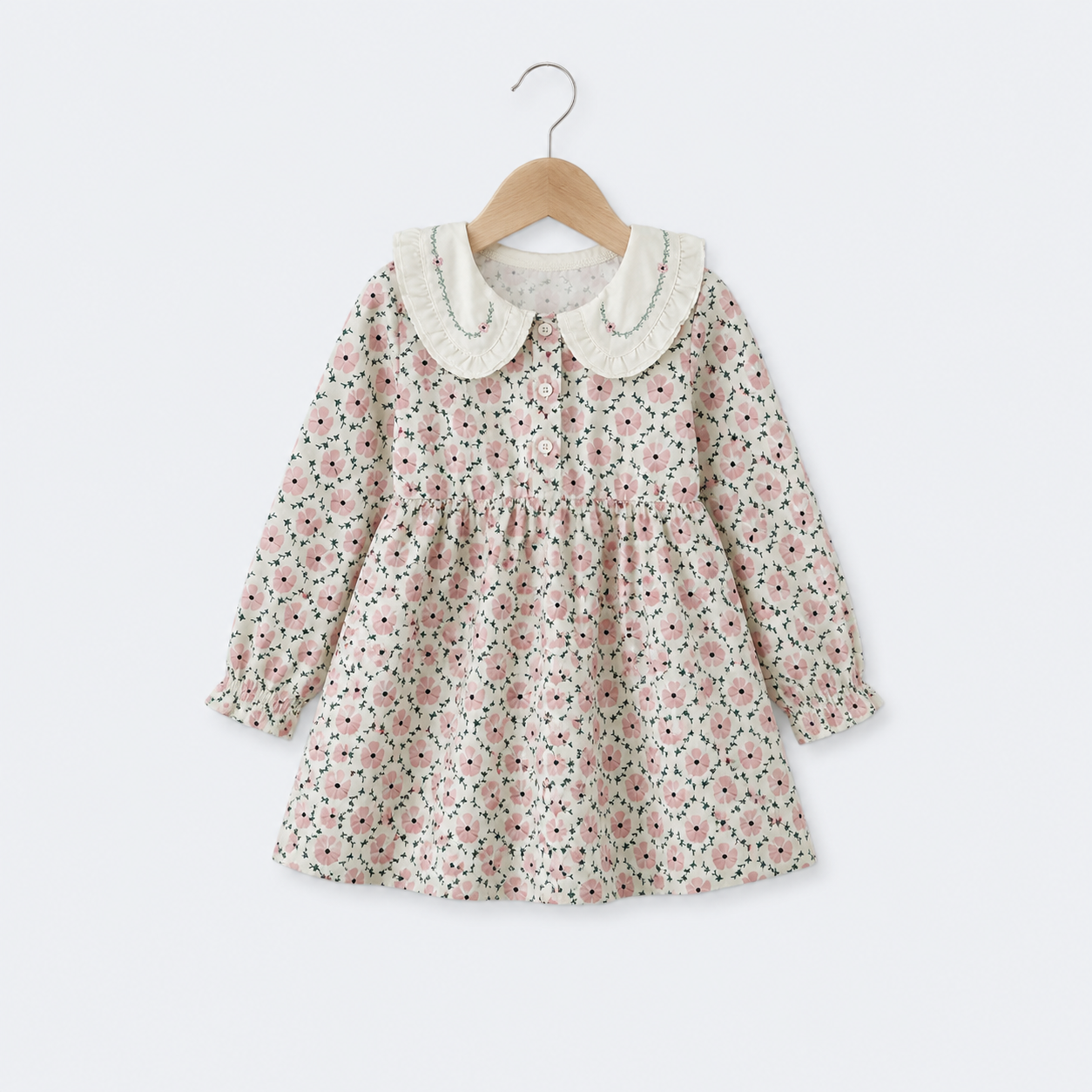 Cute Pink Floral Long-Sleeve Frock with Frilled Collar - Image 1