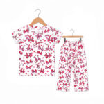 Girls White & Pink Bow Print Blended Night Suit Set | Soft Half Sleeve T-Shirt & Pajama