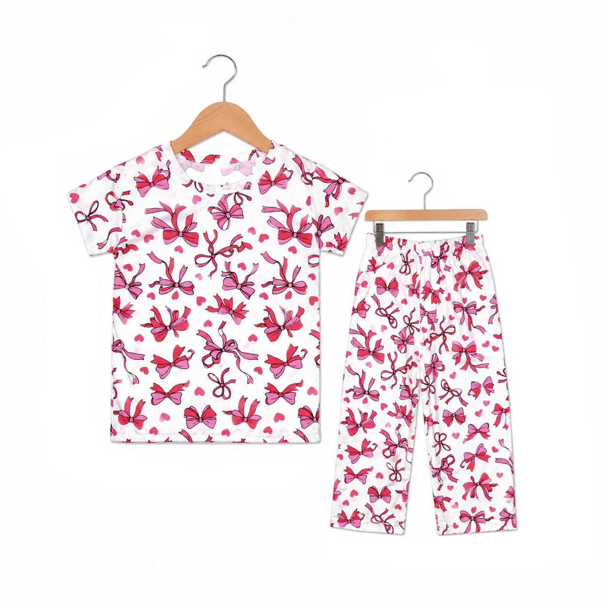 Girls White & Pink Bow Print Blended Night Suit Set | Soft Half Sleeve T-Shirt & Pajama - Image 1