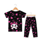 Girls Black Heart & Kitty Print Co-Ord Set – Soft Lightweight Blended Fabric Summer Wear