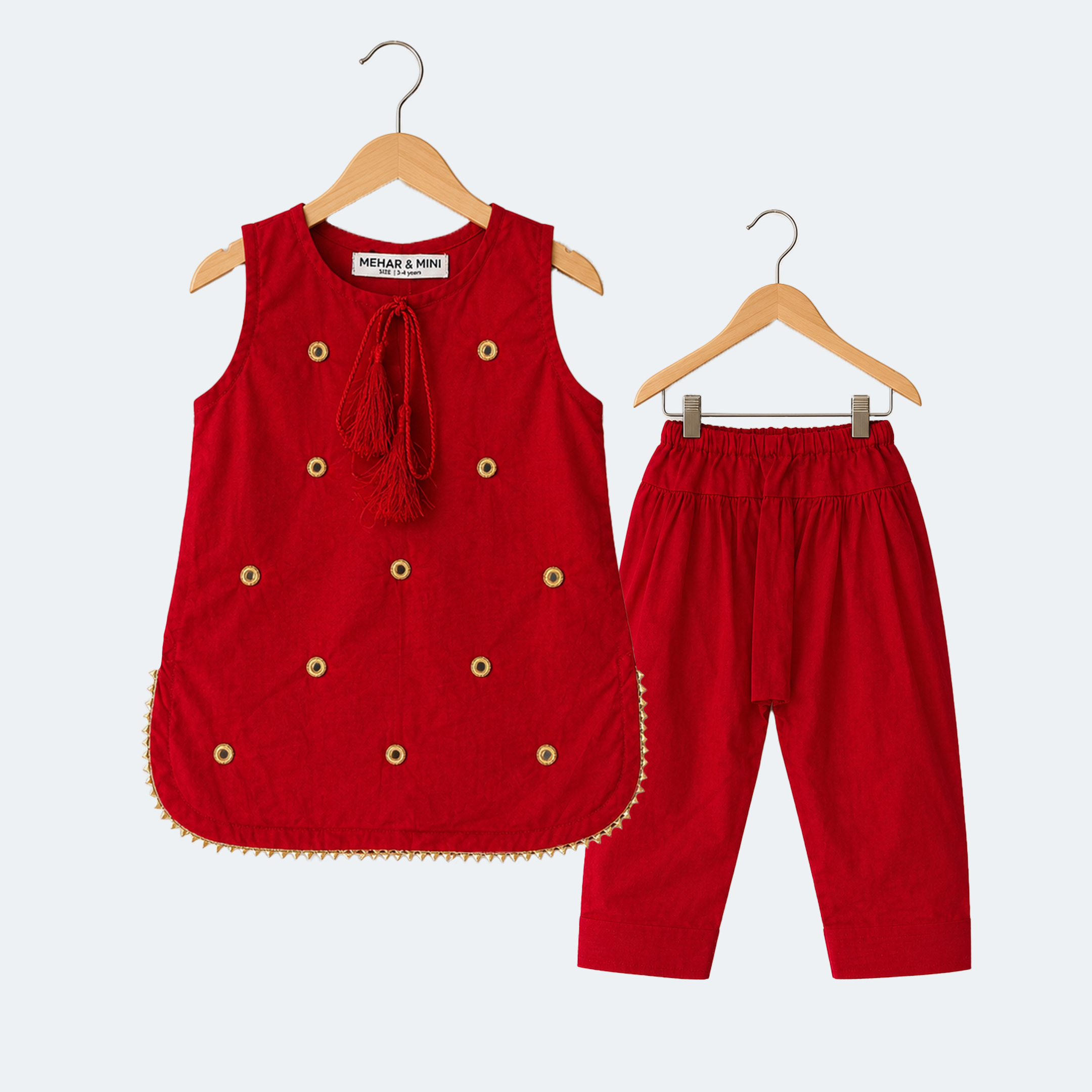 Girls Red Mirror Work Lawn 2-Piece Suit - Image 1